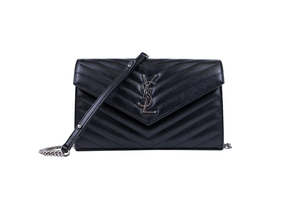Saint Laurent Black Envelope Wallet on Chain Chevron Quilted Grain de Poudre Lea